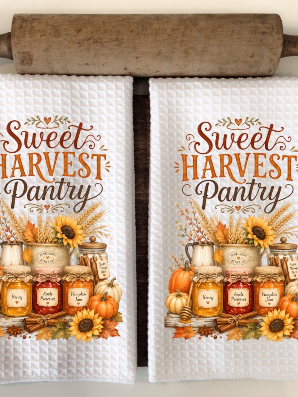 Sweet Harvest Pantry Fall Kitchen Towel, Pumpkin Sunflower Dish Towel